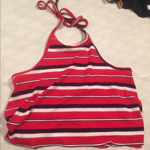 Red cropped halter striped blue and white shirt